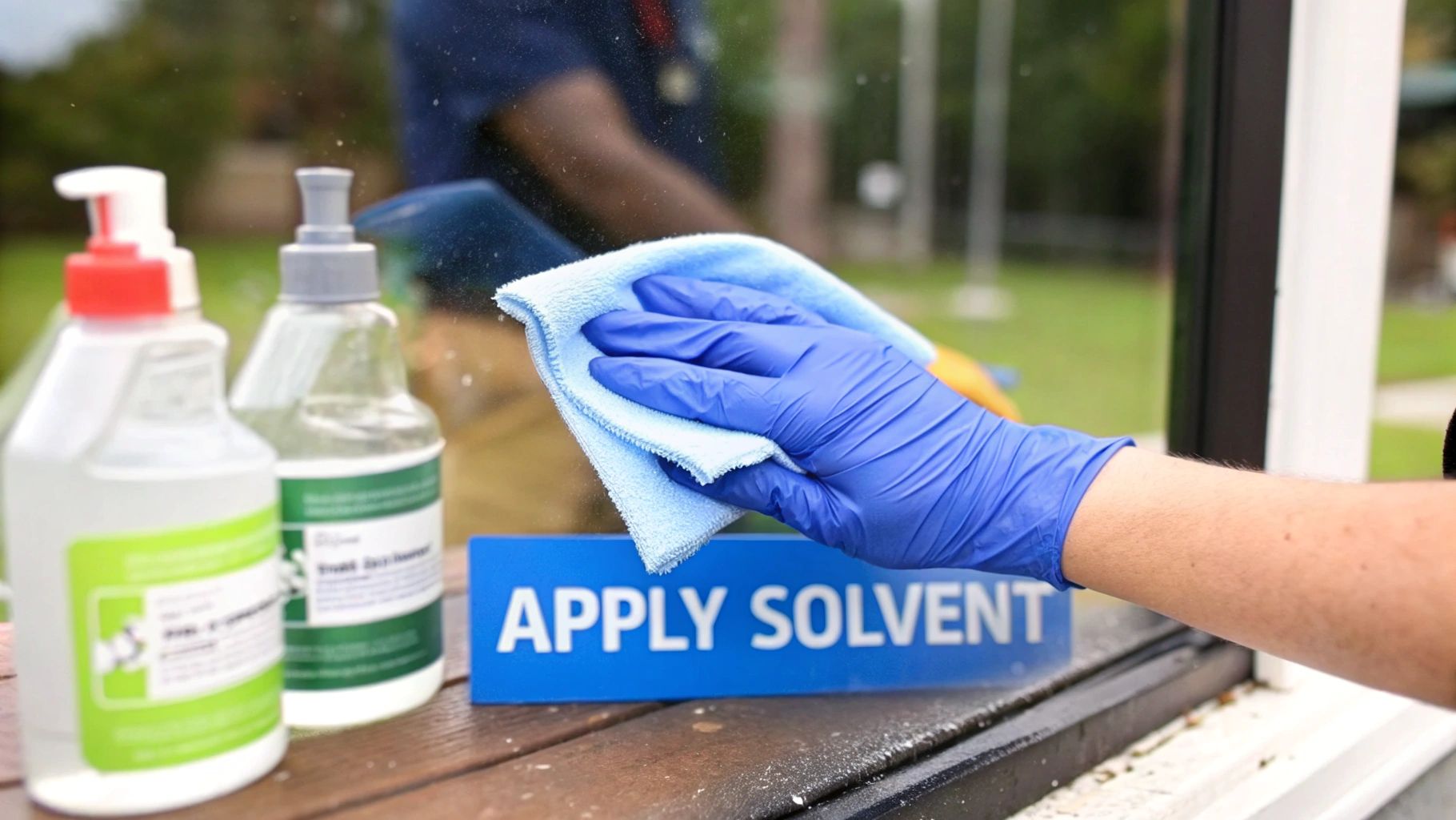 A person applying a solvent to a cloth to clean a window with spray paint
