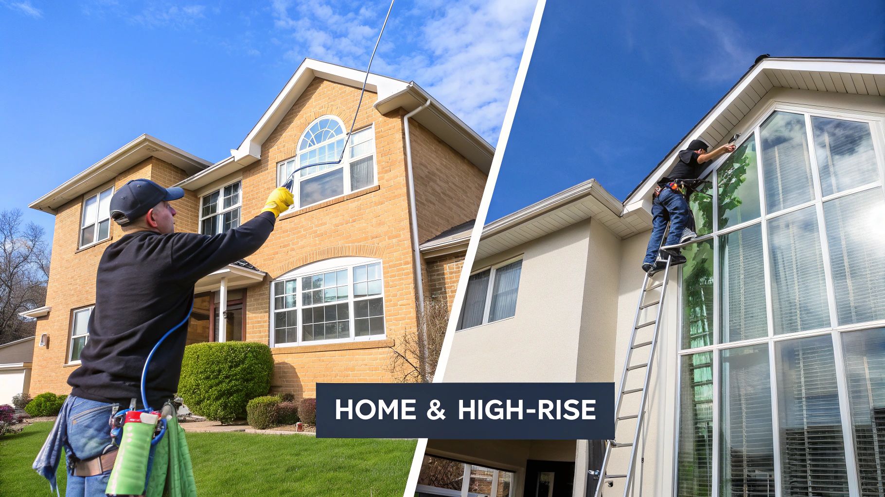 Professional window cleaner working on a commercial building in a city setting.