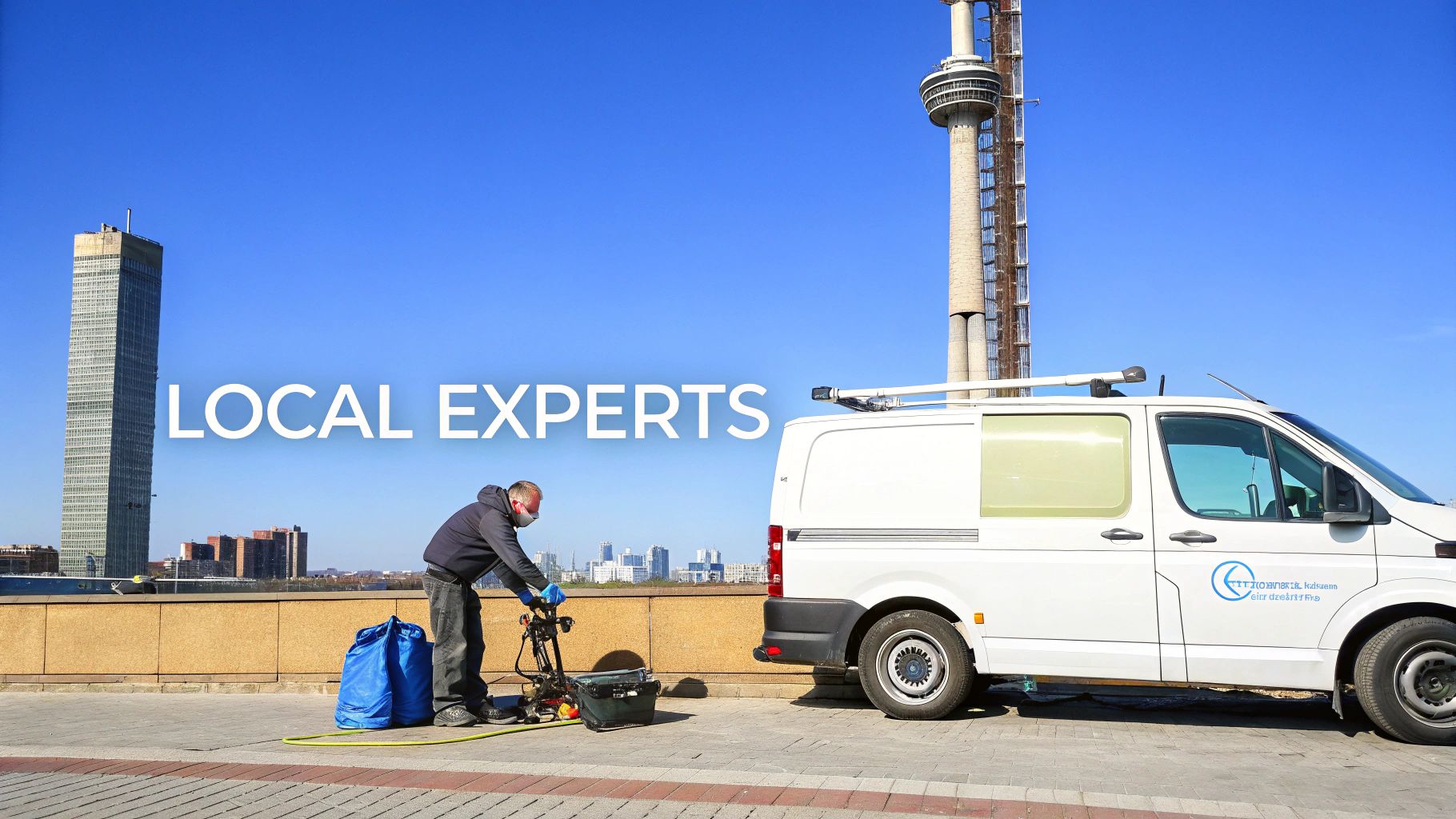 High rise window cleaner working on a skyscraper.