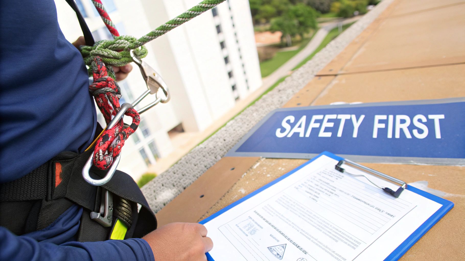 High rise window cleaner safely attached to ropes