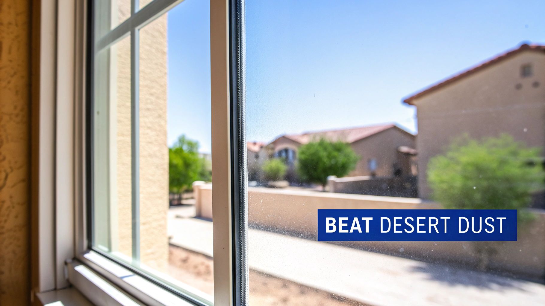 Dusty window screen with desert homes visible outside, demonstrating need for professional window cleaning