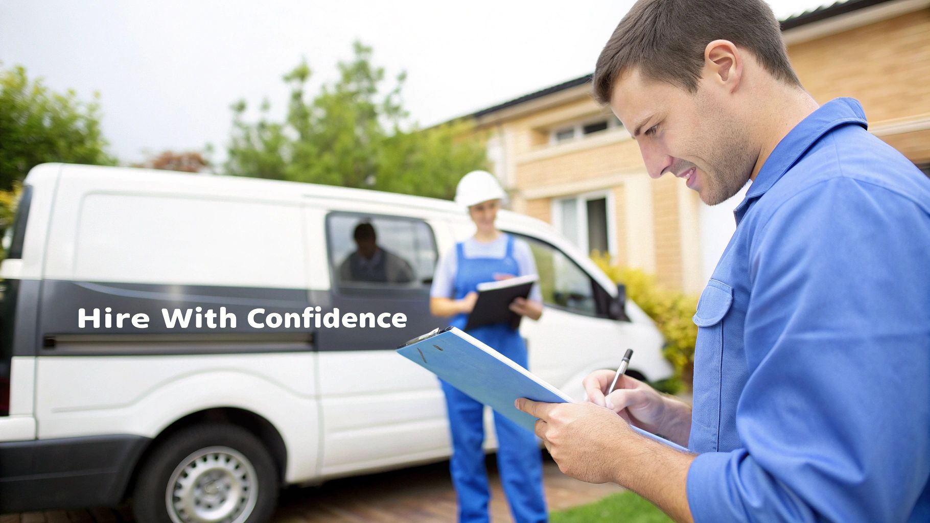 Professional service workers in blue uniforms with clipboards standing by white van at residential property