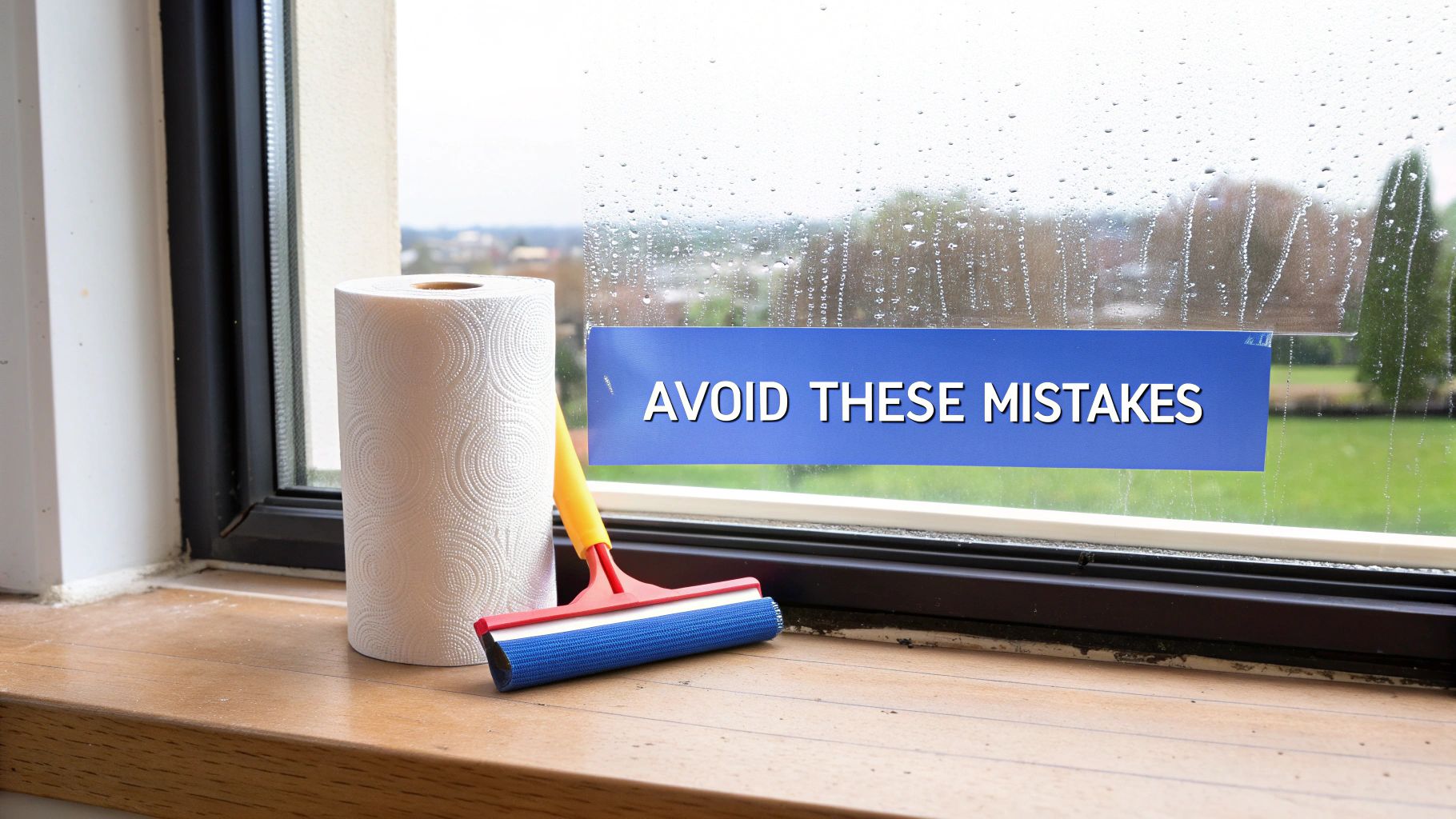 Window cleaning supplies including squeegee and paper towels on rainy windowsill with mistake warning overlay