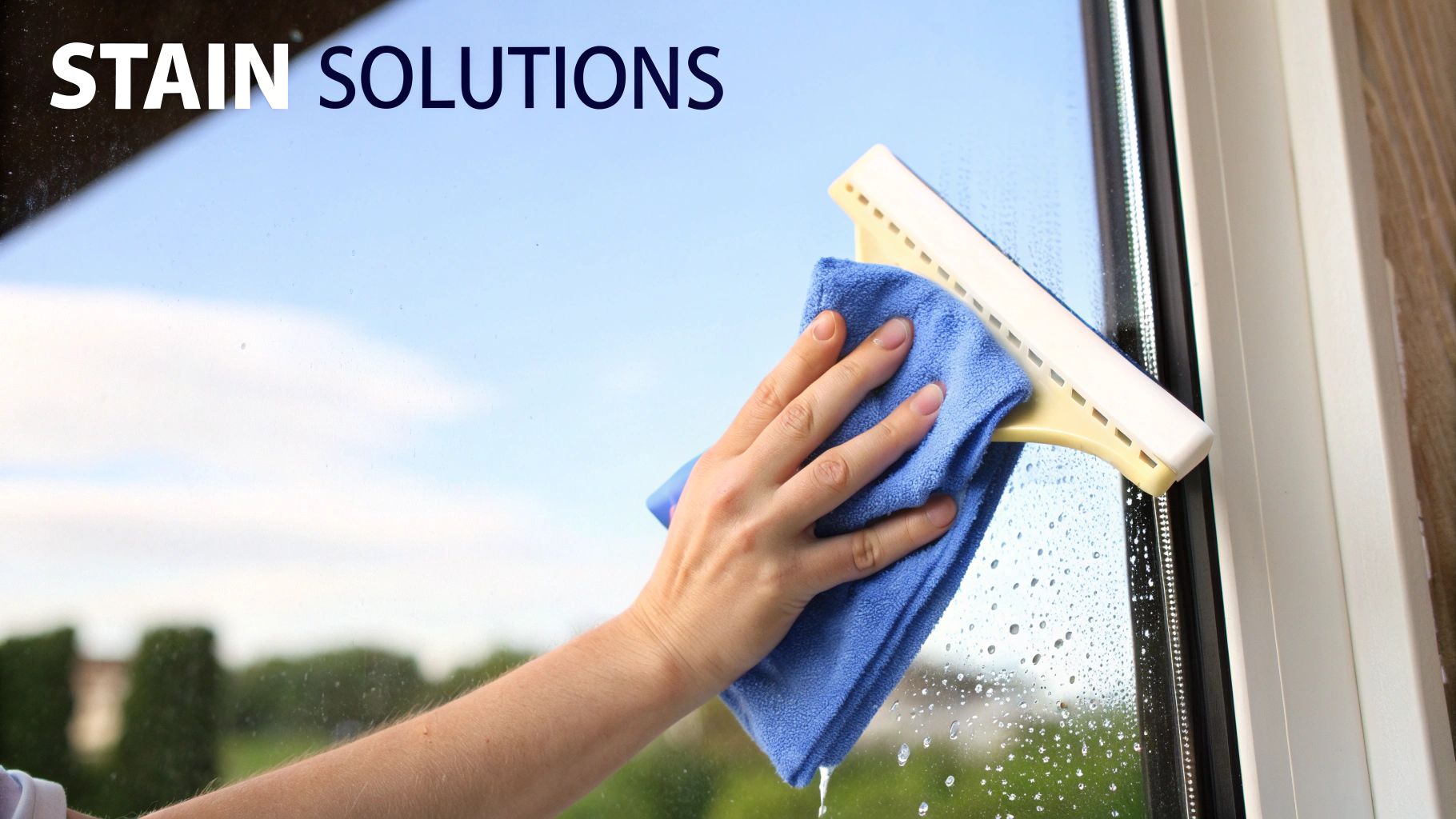 Hand using squeegee and blue microfiber cloth to clean window with water droplets