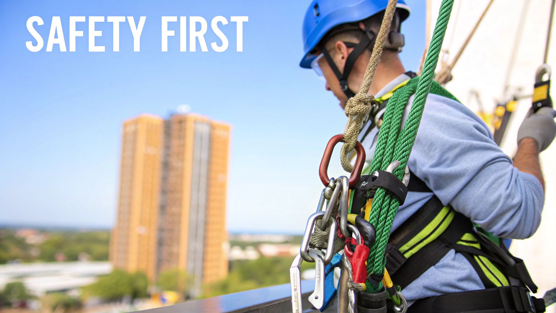 Construction worker wearing blue hard hat and safety harness secured with carabiners at height