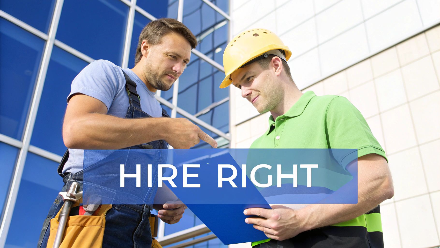 Construction worker and supervisor discussing high rise building project with digital tablet outdoors