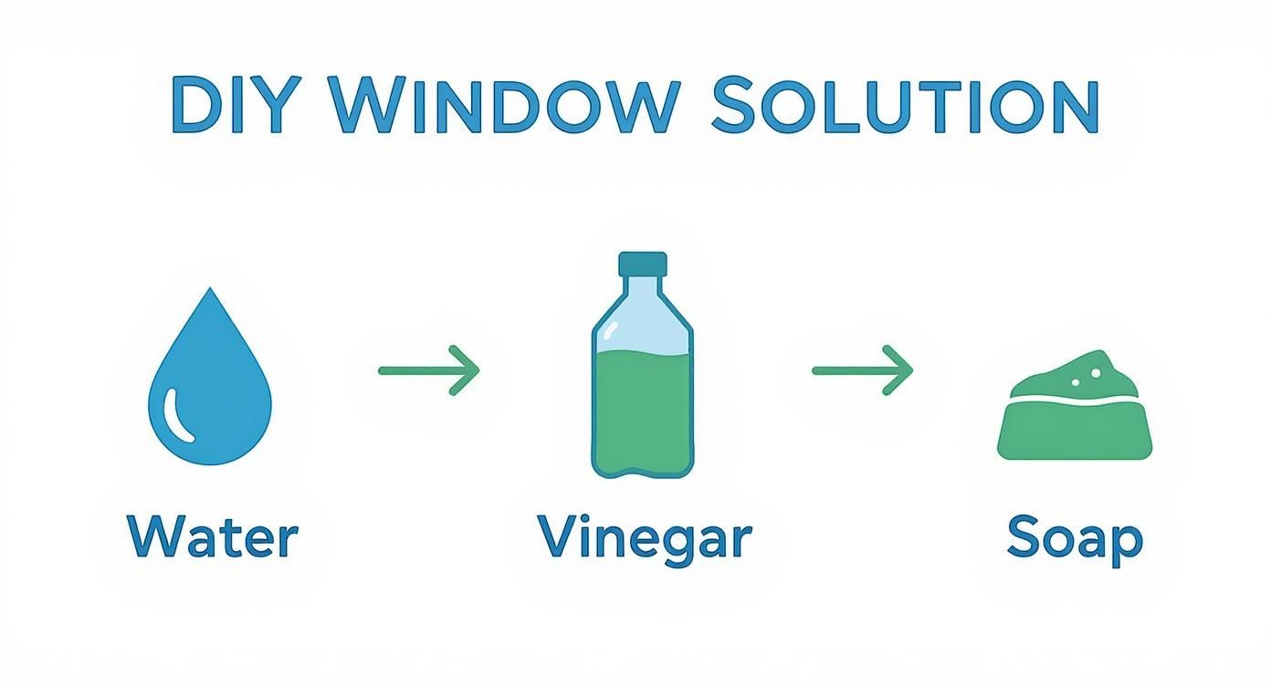 A graphic illustrating a DIY window cleaning solution with icons for water, vinegar, and soap.