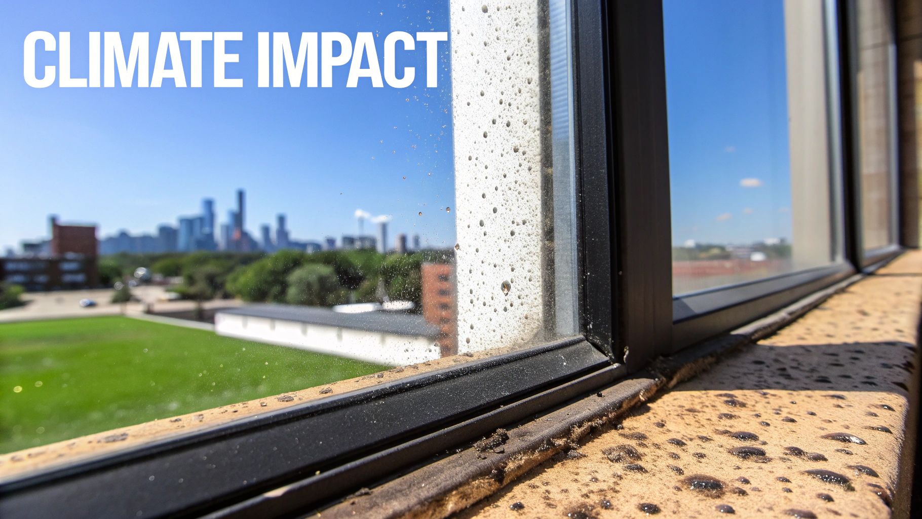 Dirty window with water droplets and a blurred city skyline, featuring 'CLIMATE IMPACT' text on a sunny day.