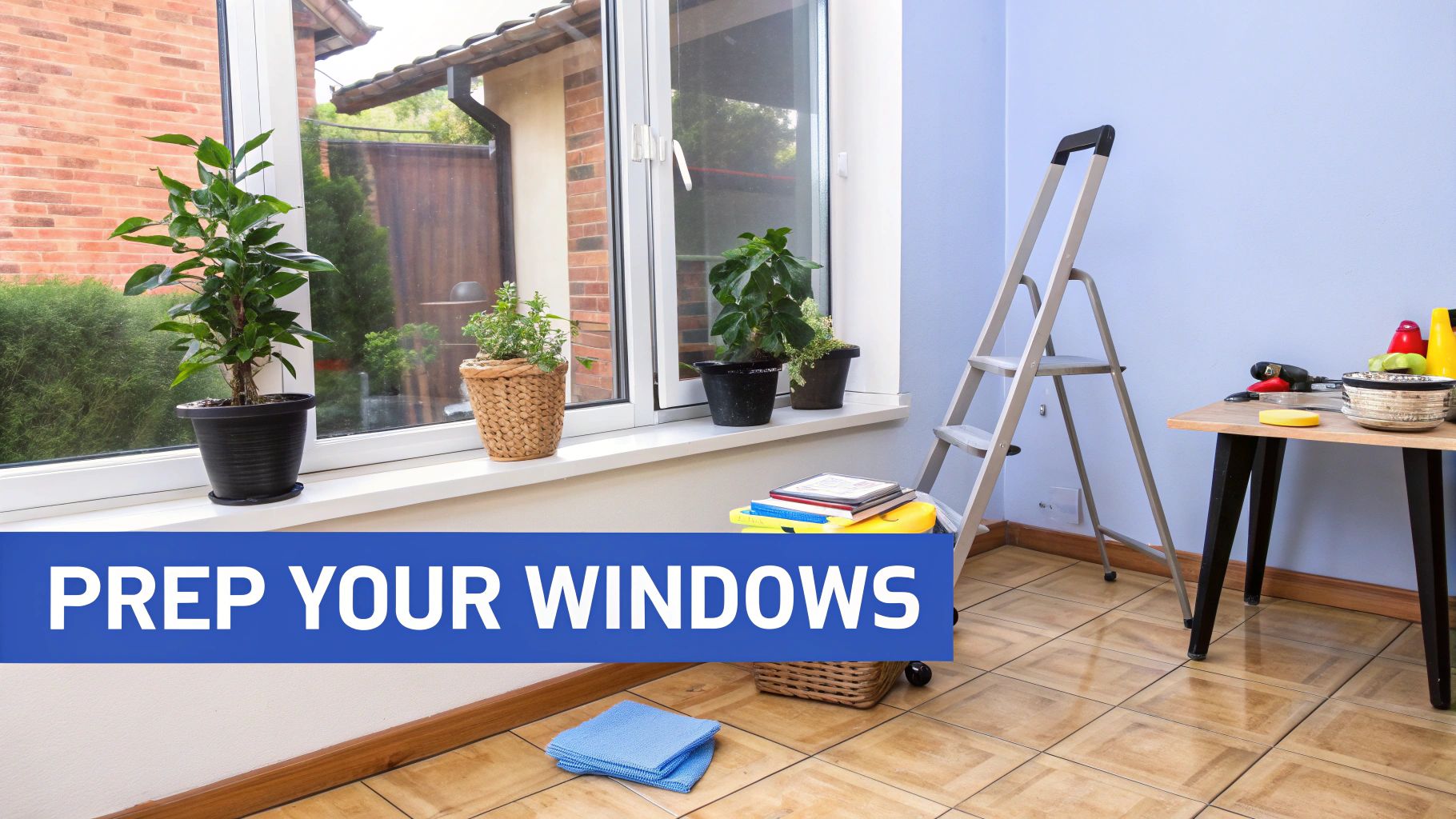 An indoor scene with potted plants on a window sill and cleaning supplies, with a banner 'PREP YOUR WINDOWS'.