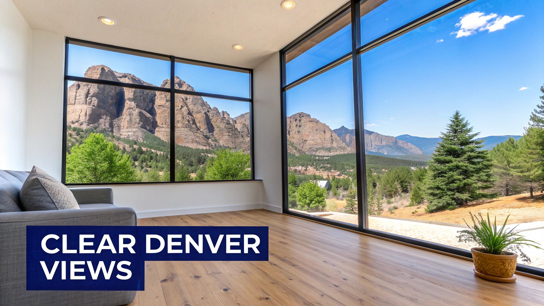 A modern room with large windows offering clear Denver views of majestic mountains and green trees.