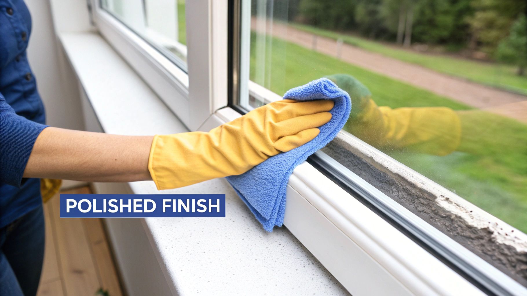 Person in yellow gloves cleaning a window with a blue microfiber cloth for a polished finish.