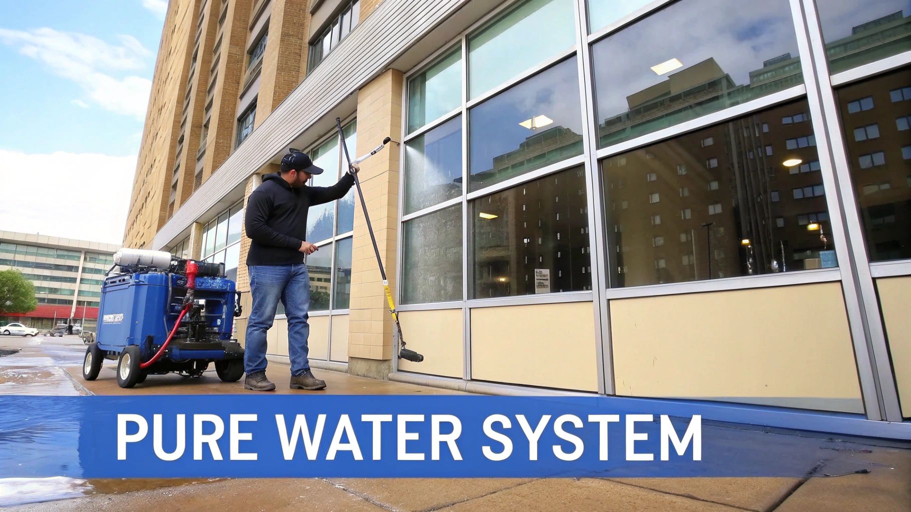 A worker professionally cleans a building's exterior windows using a pure water system and a long pole.