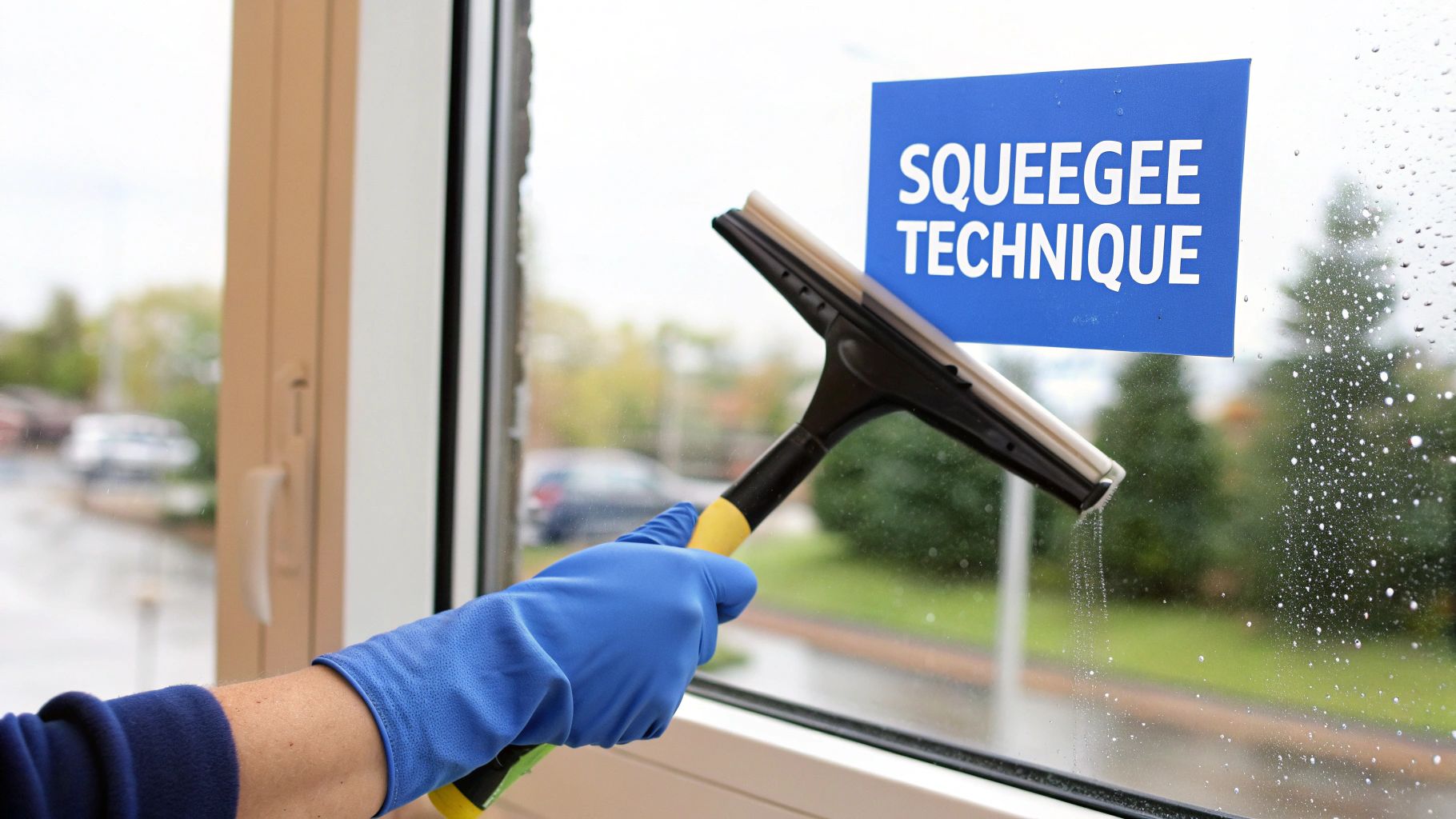 A gloved hand demonstrates squeegee technique to clean a window with a blue sign.