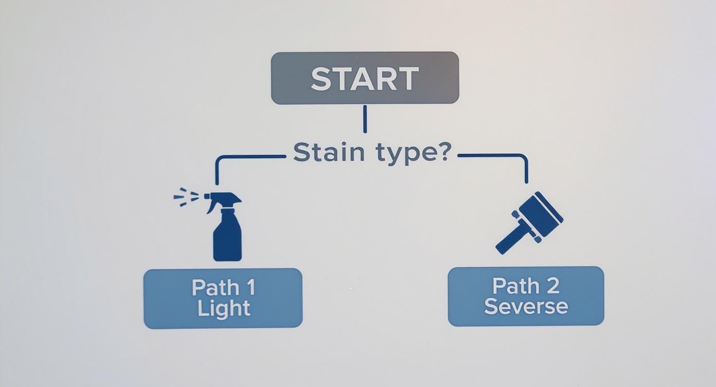 Flowchart showing two paths for stain removal: 'Light' with a spray bottle and 'Severe' with a hammer.