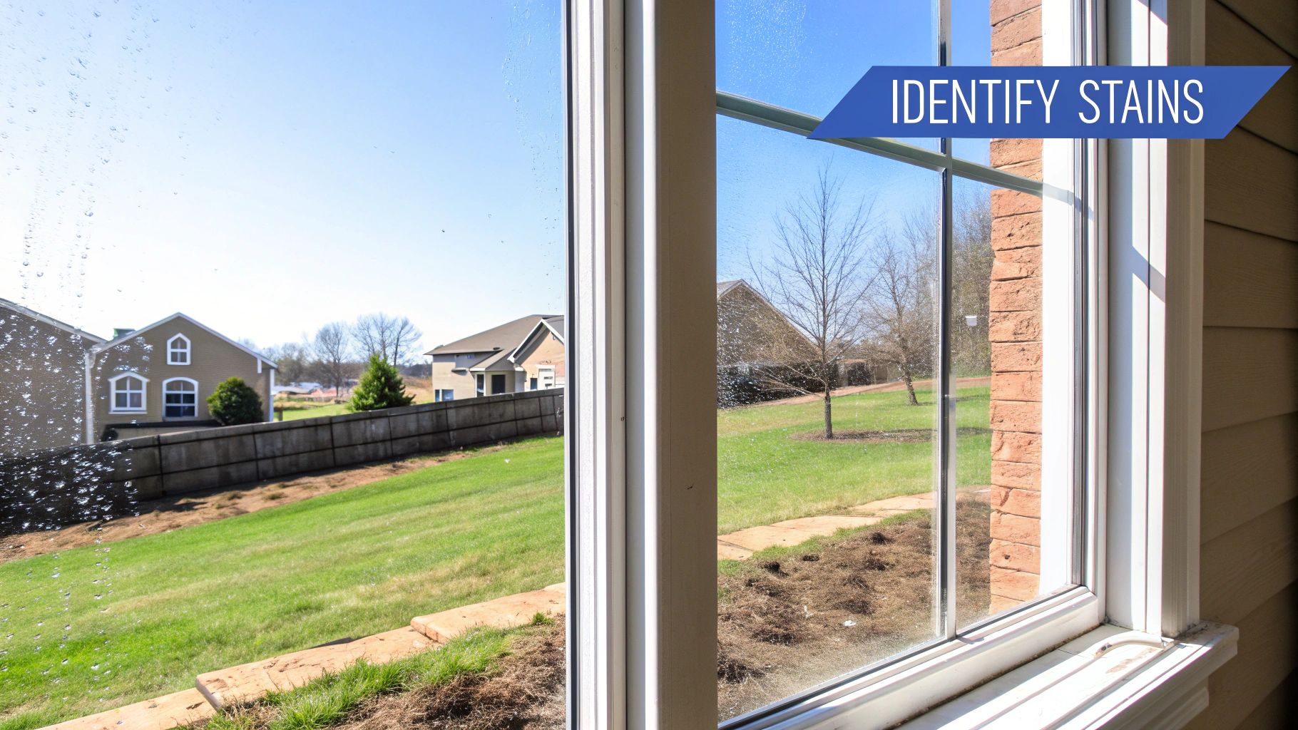 A window with clear water stains and streaks, offering a view of a suburban backyard.