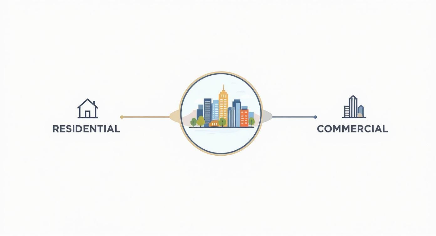 An illustration connecting residential and commercial property types with a city skyline in between.
