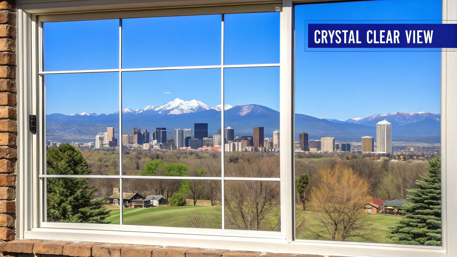 A crystal clear view from a window showing a city skyline with snowy mountains and green trees.