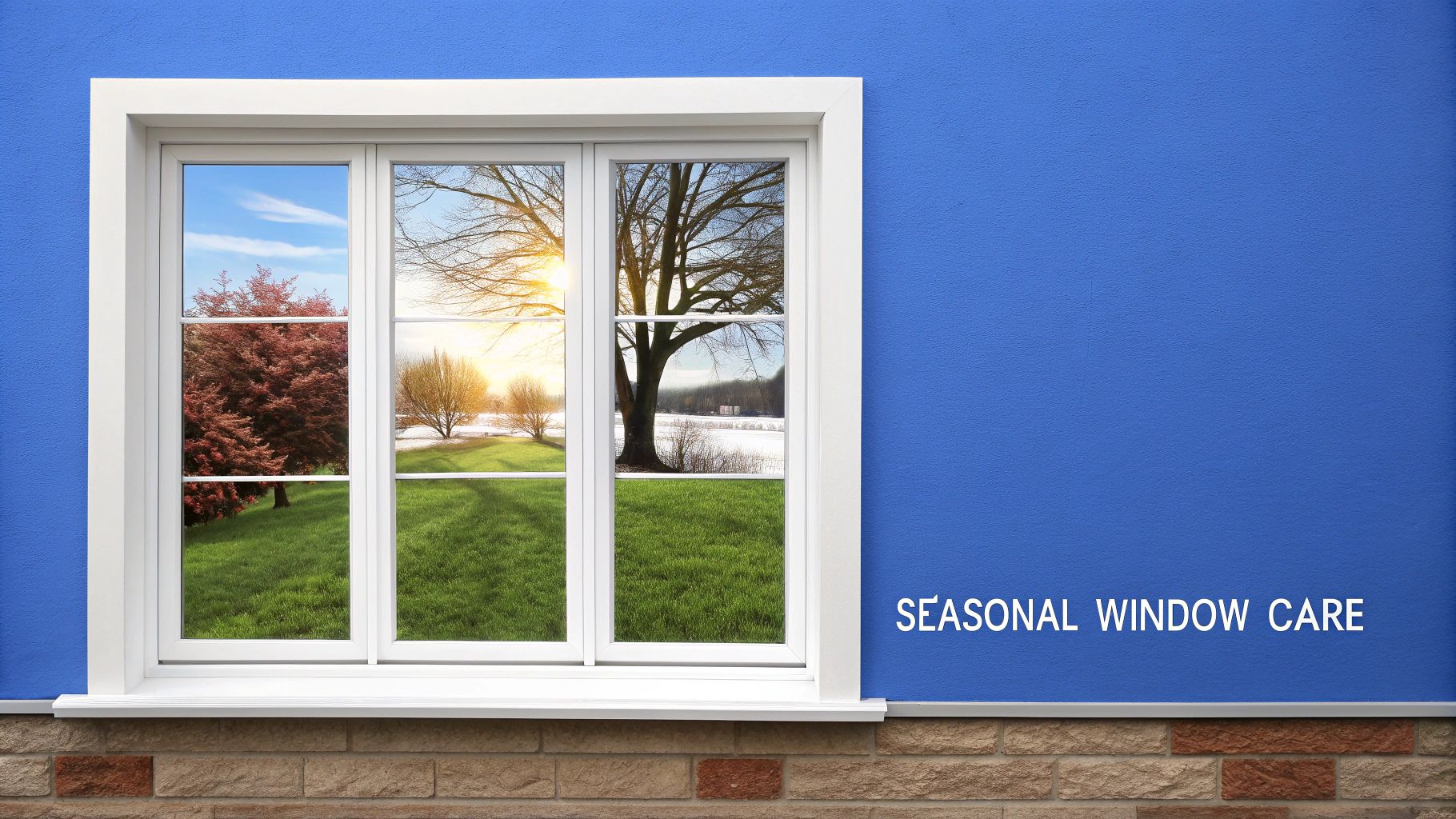 A white window in a blue wall, with 'SEASONAL WINDOW CARE' text, overlooking mixed seasons.