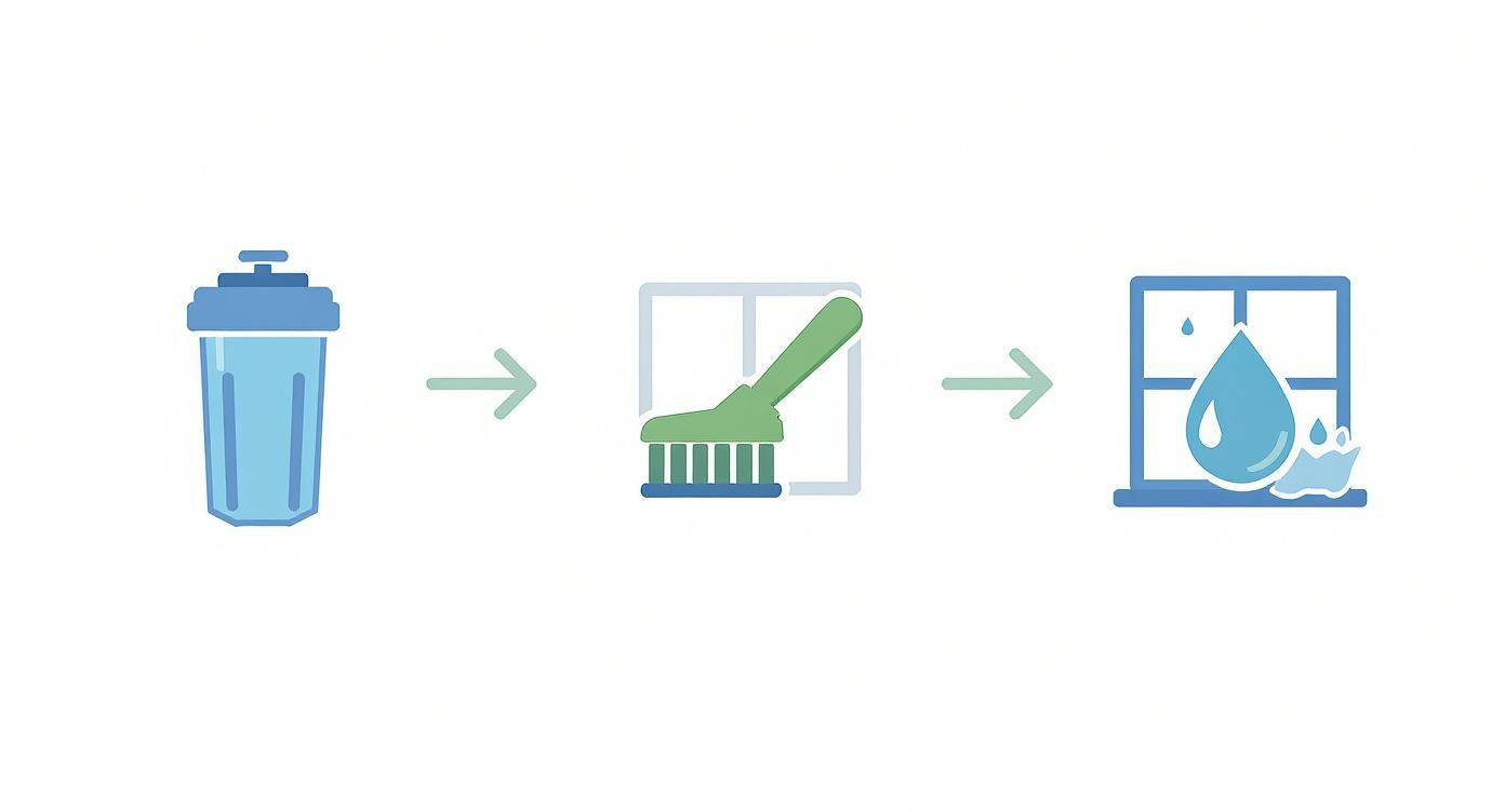 Icons illustrate the pure water window cleaning process: water source, brush, and clean window.