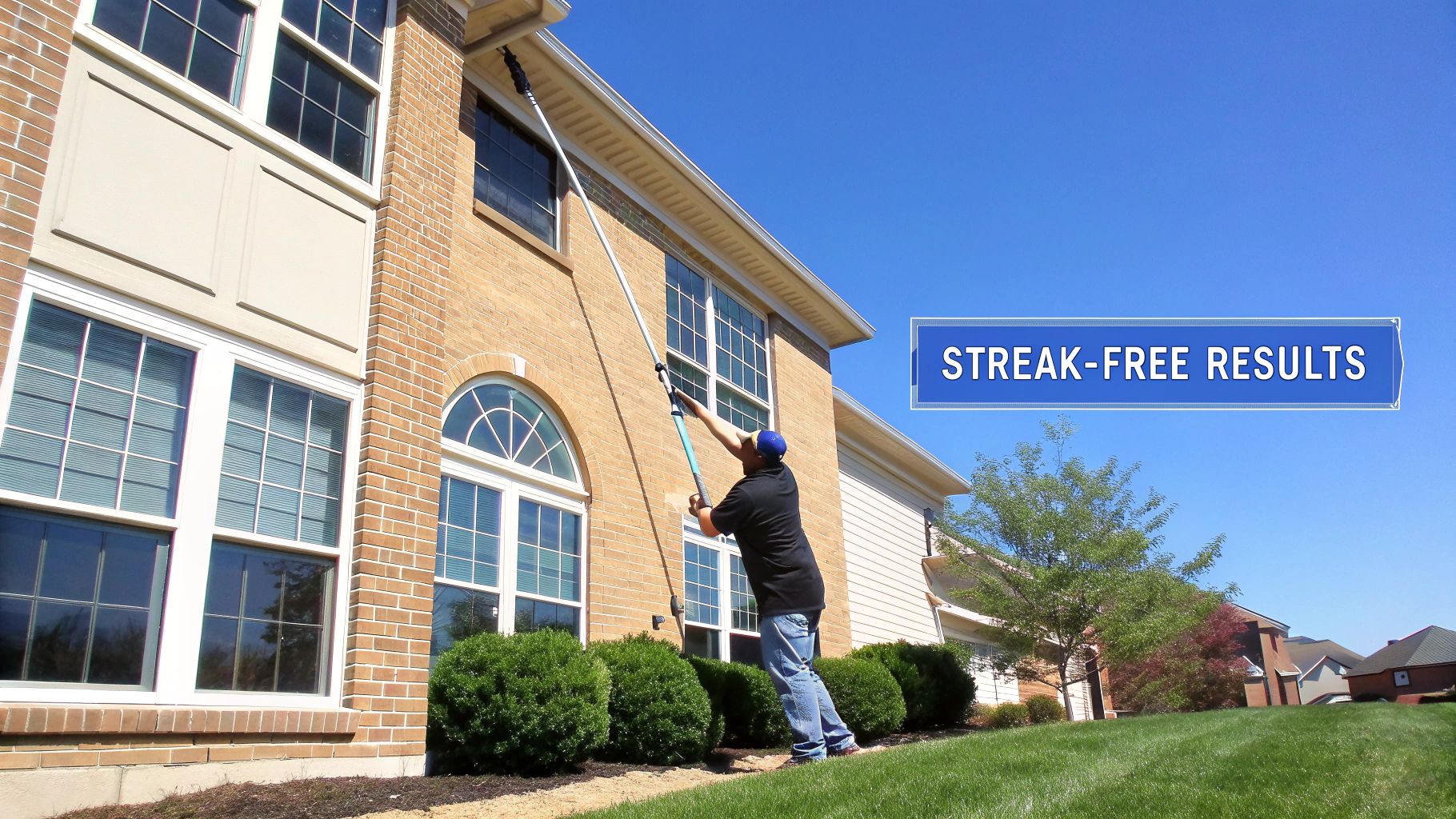 A man uses a long water-fed pole to clean the windows of a two-story brick house, ensuring streak-free results.