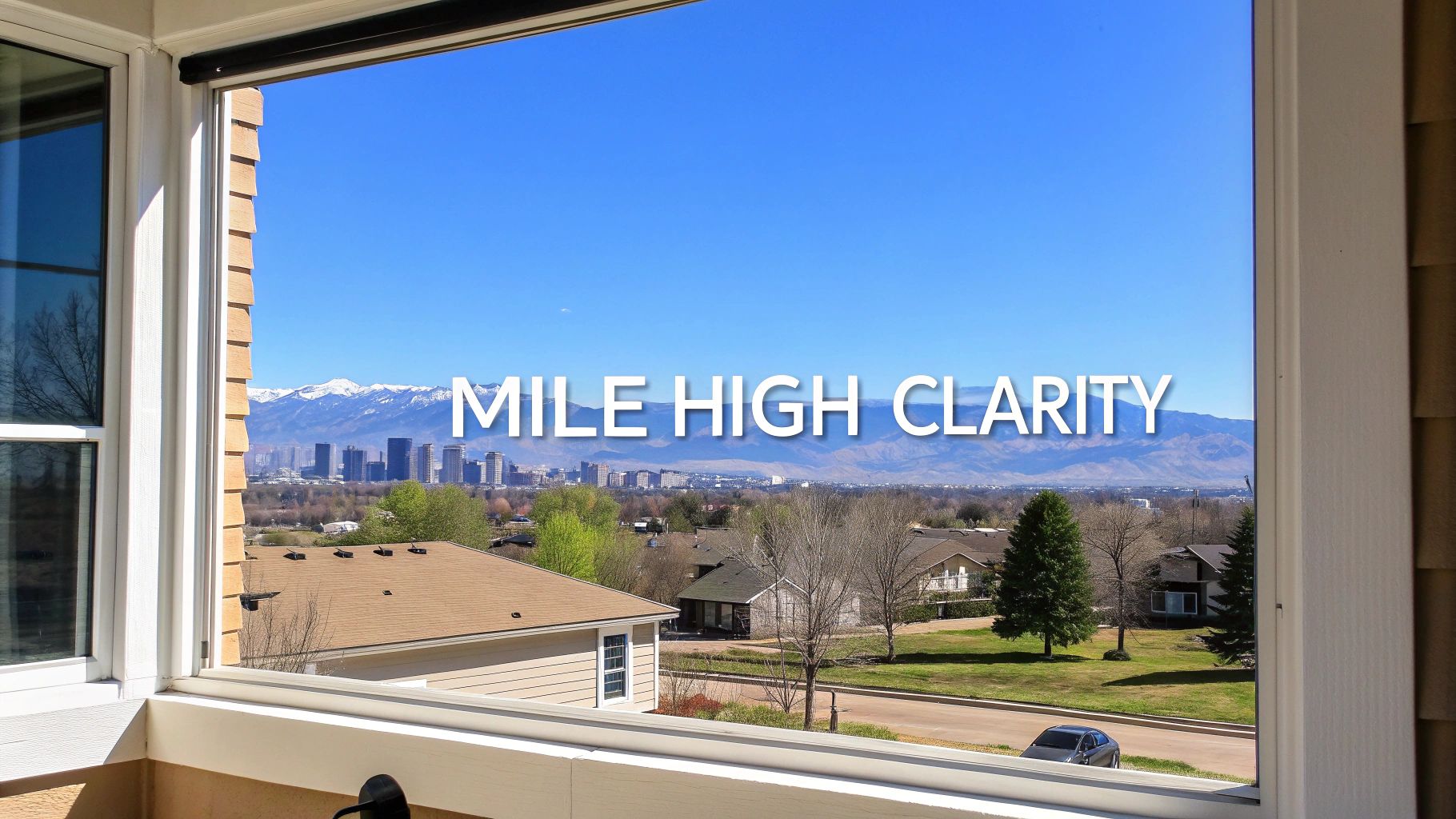 Clear window view of a cityscape, snowy mountains, and blue sky with 'MILE HIGH CLARITY' text.