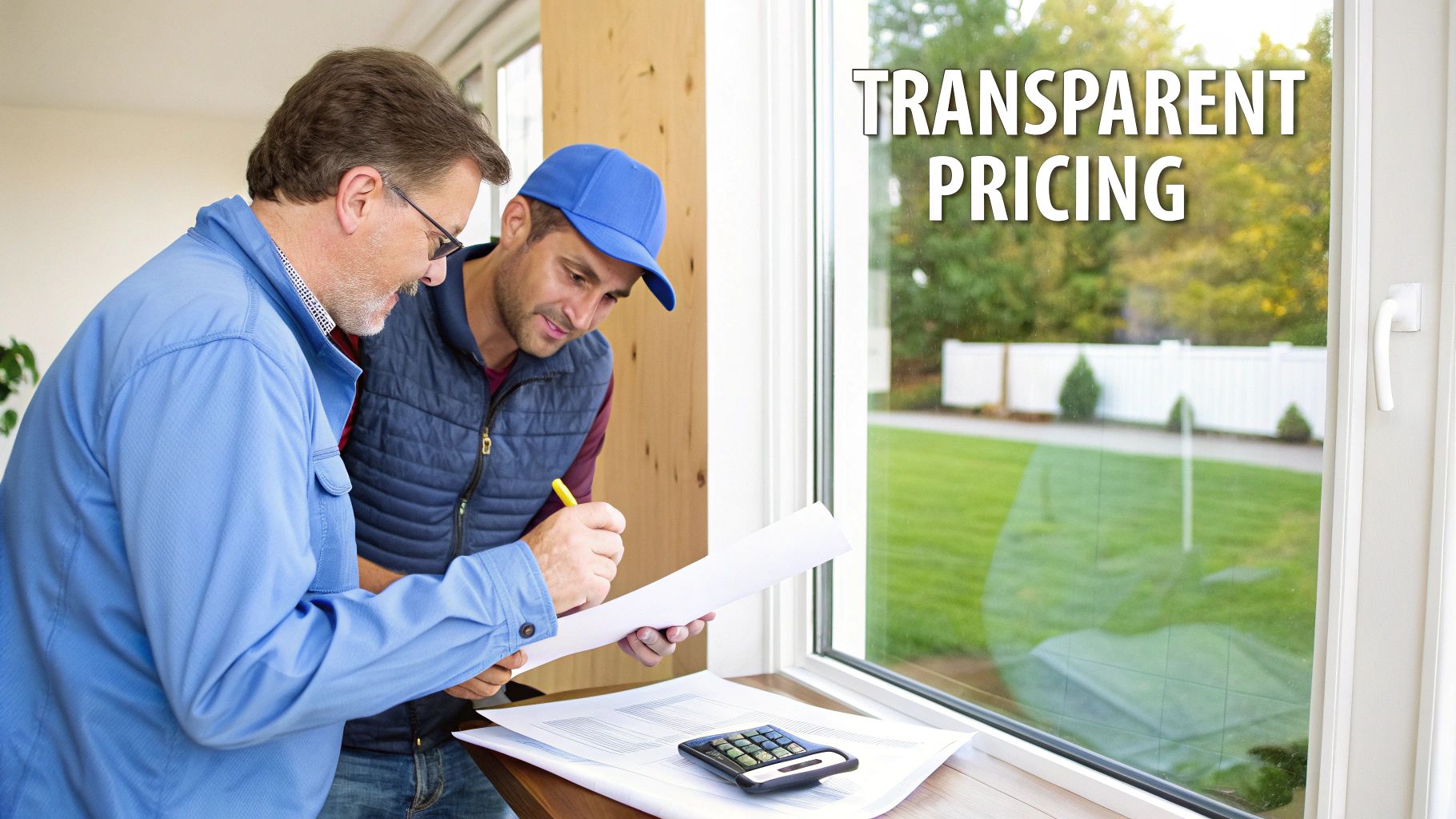 Two men discussing documents by a large window with 'Transparent Pricing' text overlaid.
