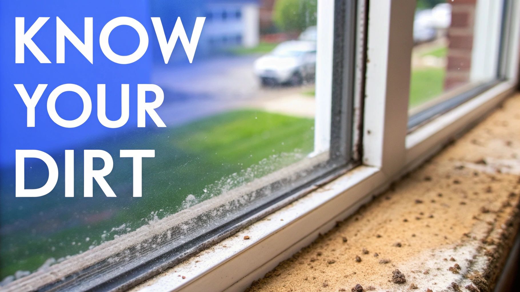 A window with thick layers of dirt and grime on the sill, displaying 'KNOW YOUR DIRT' text.