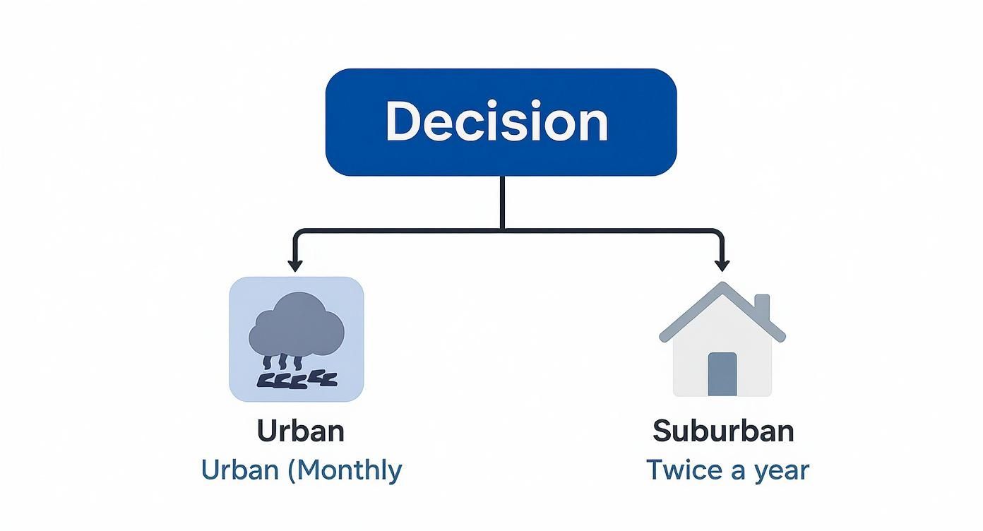 Decision tree flowchart showing recommended cleaning frequency for urban (monthly) and suburban (twice a year) areas.