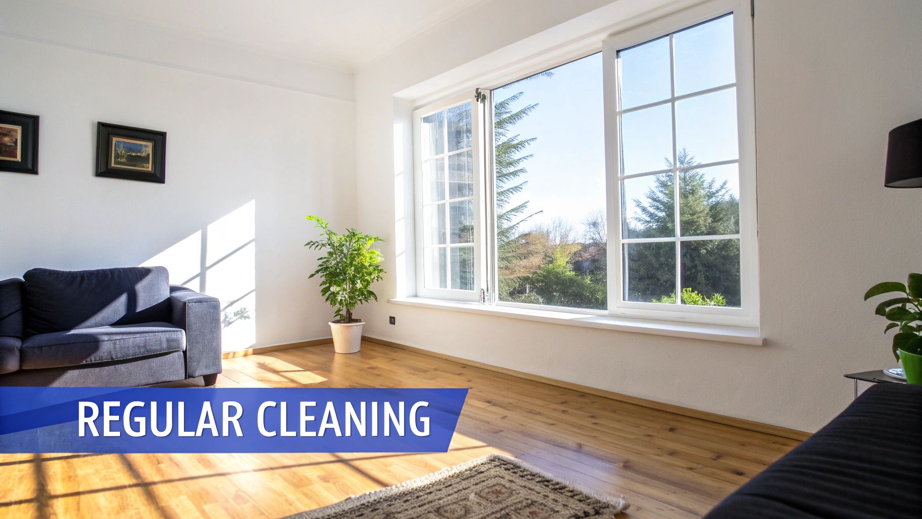 A bright, clean room with a large window, blue sofa, and wooden floor, illuminated by sunlight.