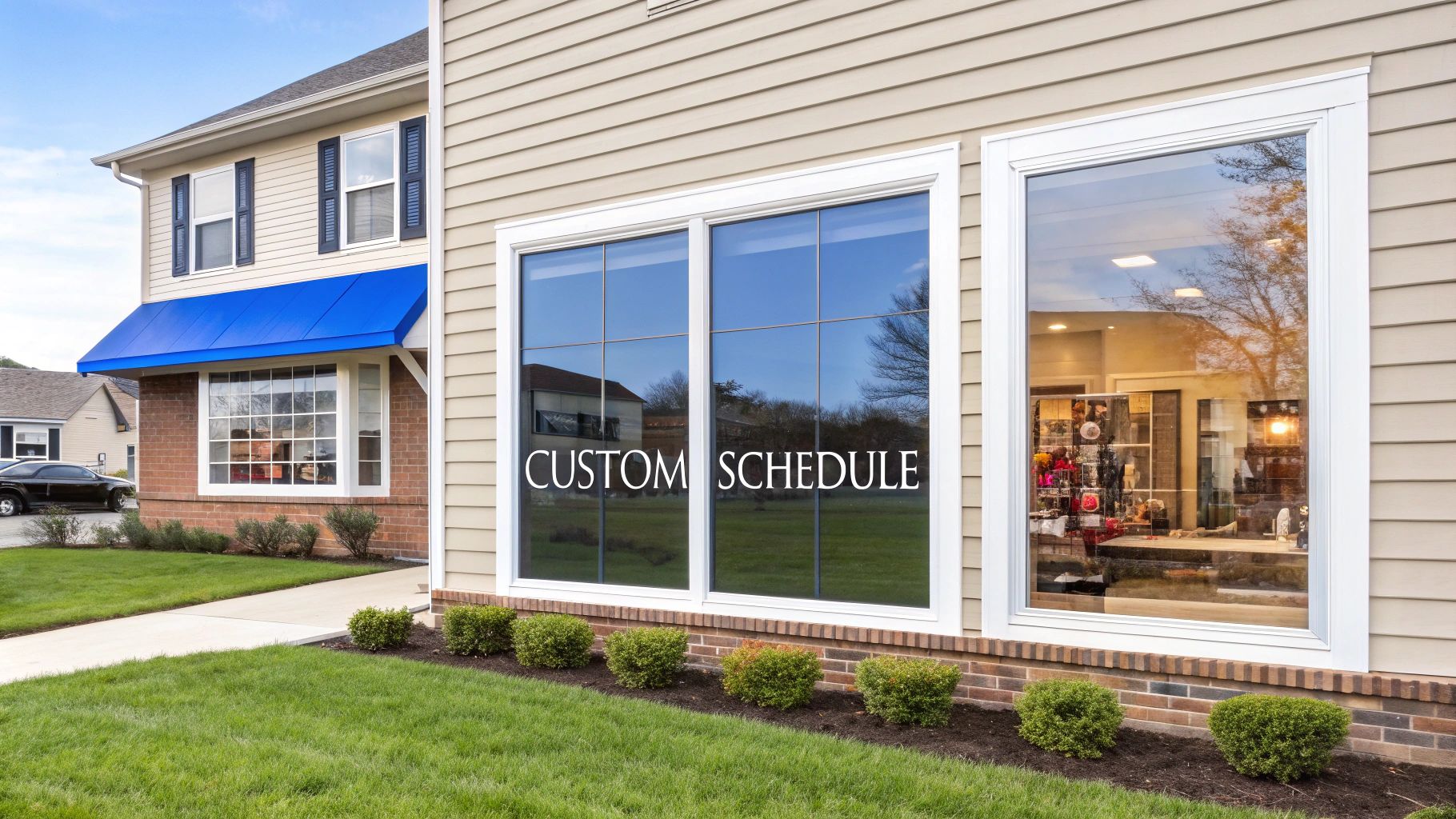 A commercial building with light brown siding, a blue awning, and large windows featuring 'CUSTOM SCHEDULE' text.