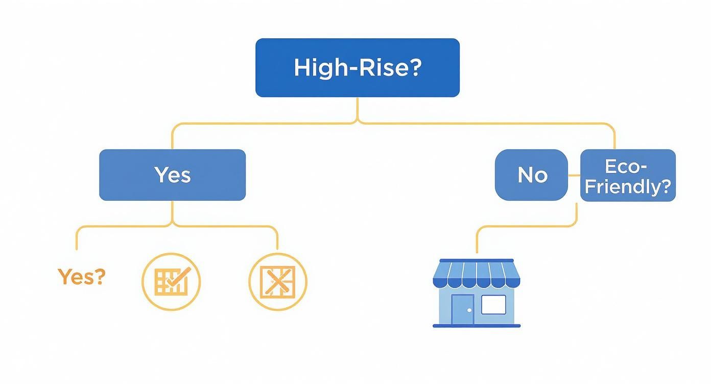 A flowchart illustrating building characteristics: High-Rise (Yes/No) and Eco-Friendly, leading to different property types.