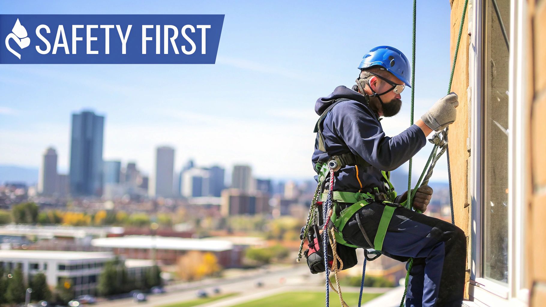 A professional window cleaner rappels down a tall building, wearing safety gear, with a city skyline and 'SAFETY FIRST' banner.