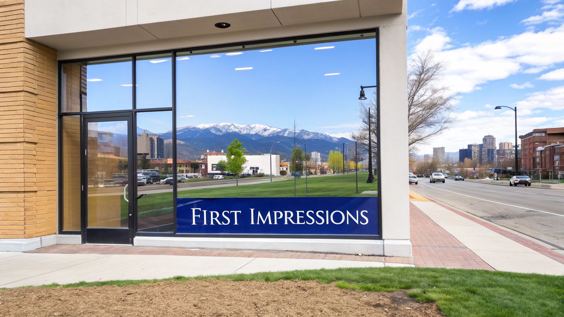 Modern building with large glass windows reflecting mountains and a city street, featuring a 'FIRST IMPRESSIONS' banner.