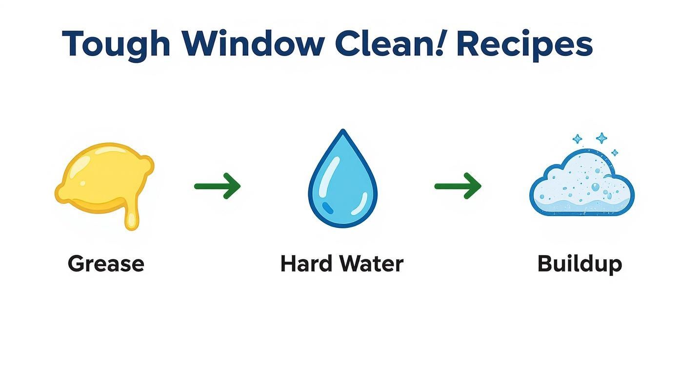 Illustrations showing grease, hard water, and buildup, common challenges for tough window cleaning.