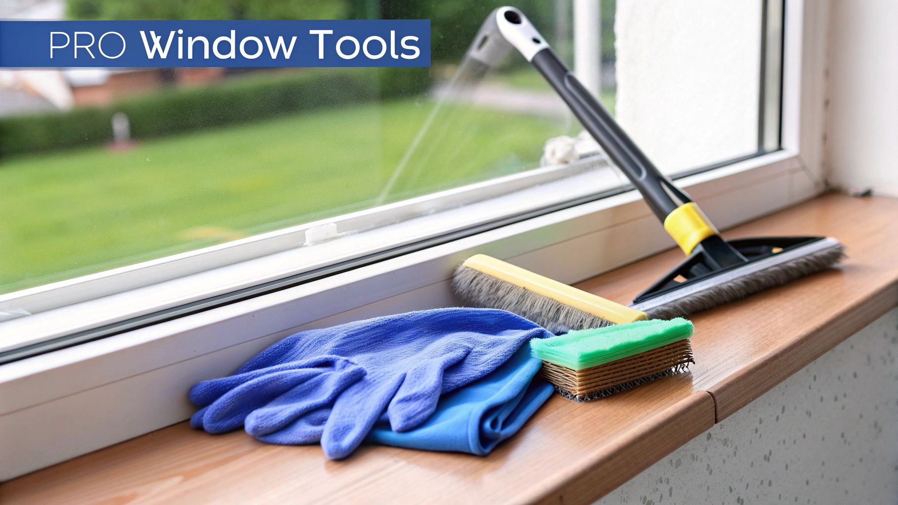 Various professional window cleaning tools including a squeegee, brush, gloves, and cloths on a windowsill.
