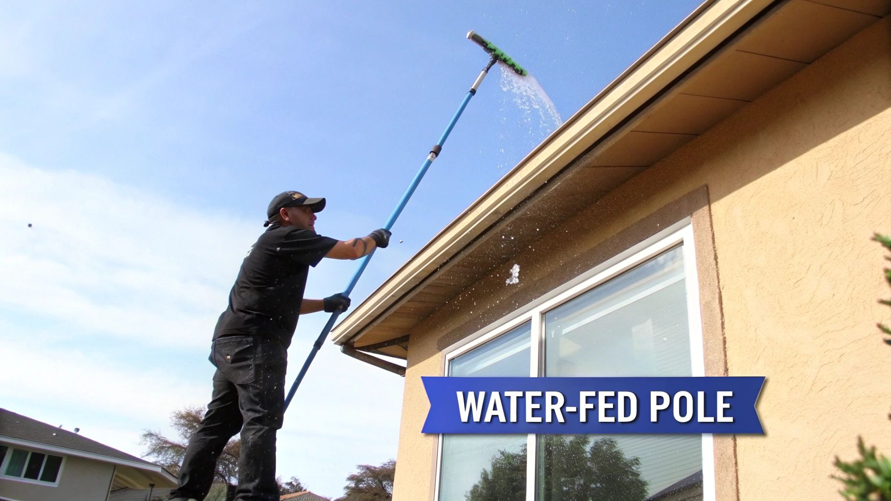 Man in black uses a water-fed pole to clean windows on a house exterior under a blue sky.