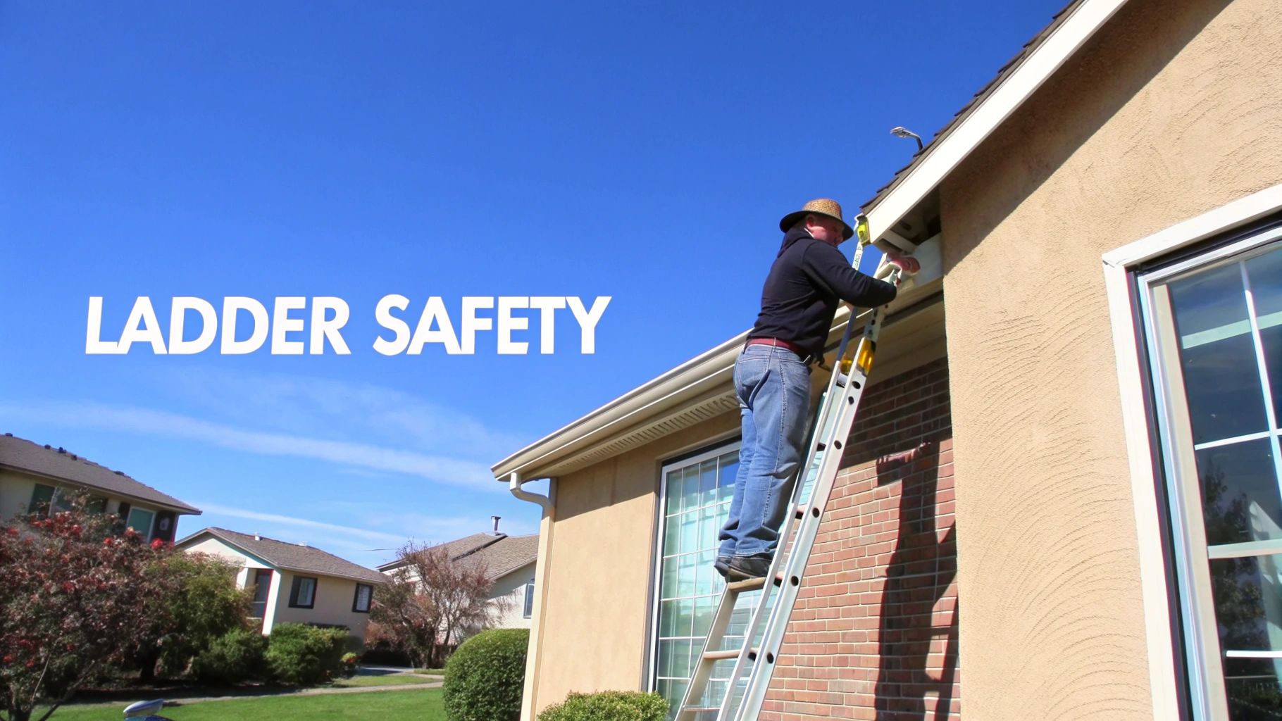 A man on a ladder working near a house's roofline, with "LADDER SAFETY" text in the sky.