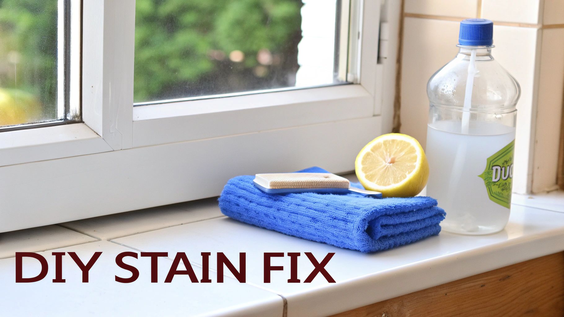 Cleaning supplies on a window sill: a blue cloth, small brush, lemon, and cleaning solution bottle for DIY stain removal.