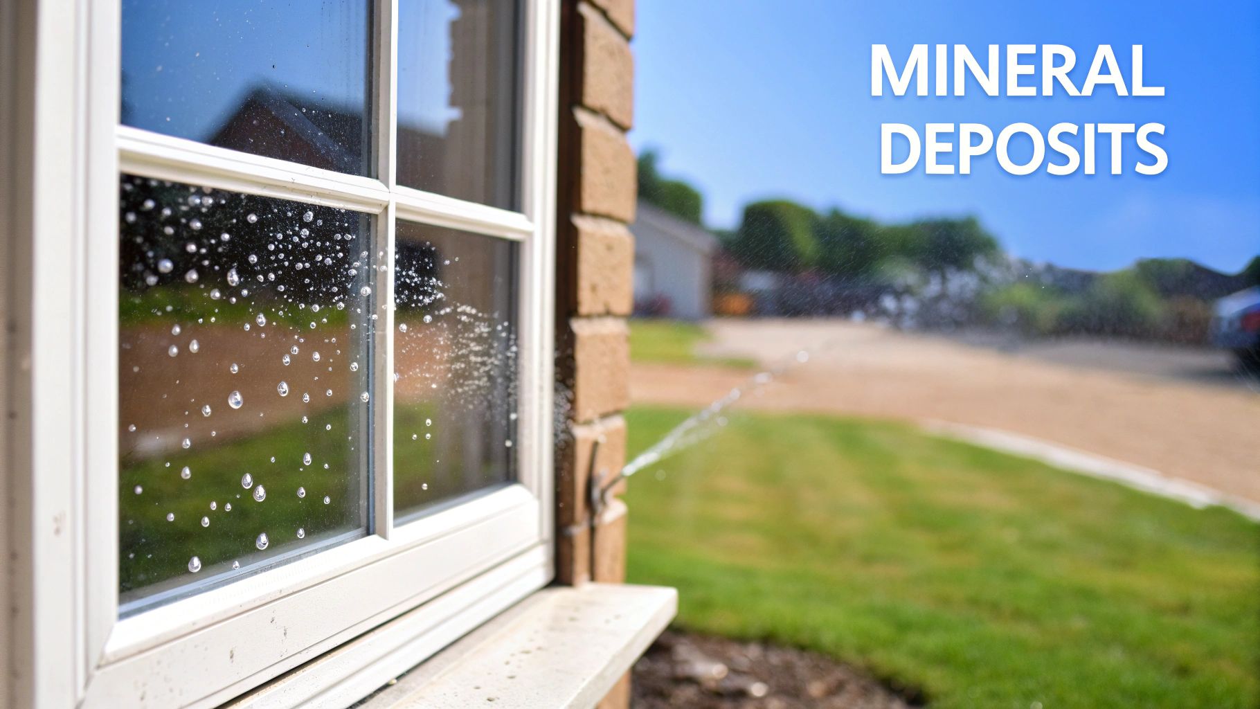 Close-up of a house window covered in water drops and mineral deposits from a sprinkler.