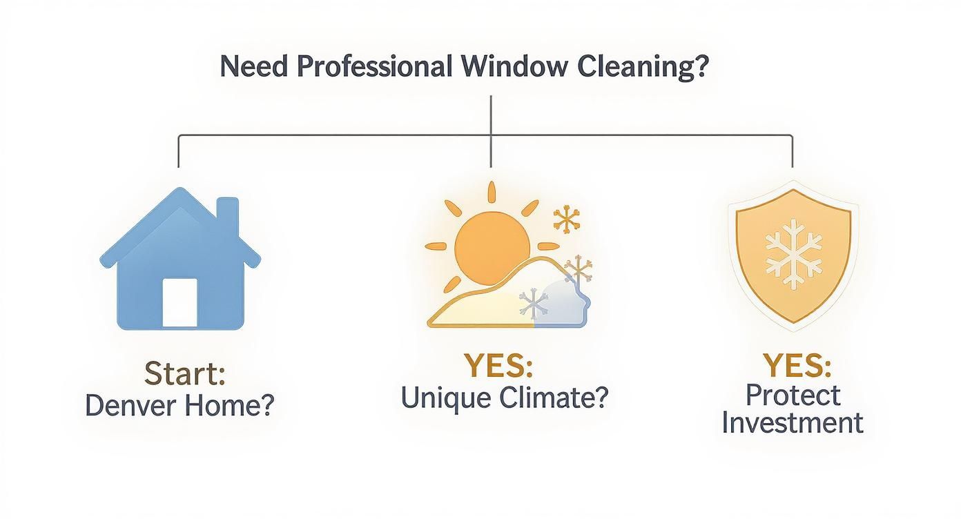 Diagram illustrating reasons for professional window cleaning: Denver homes, unique climate, and protecting investment.
