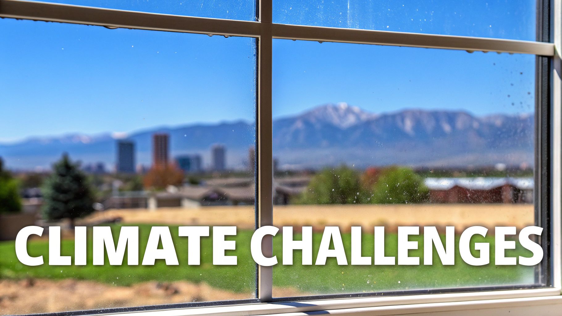 White text 'CLIMATE CHALLENGES' on a dirty window overlooking a city skyline and snowy mountains.