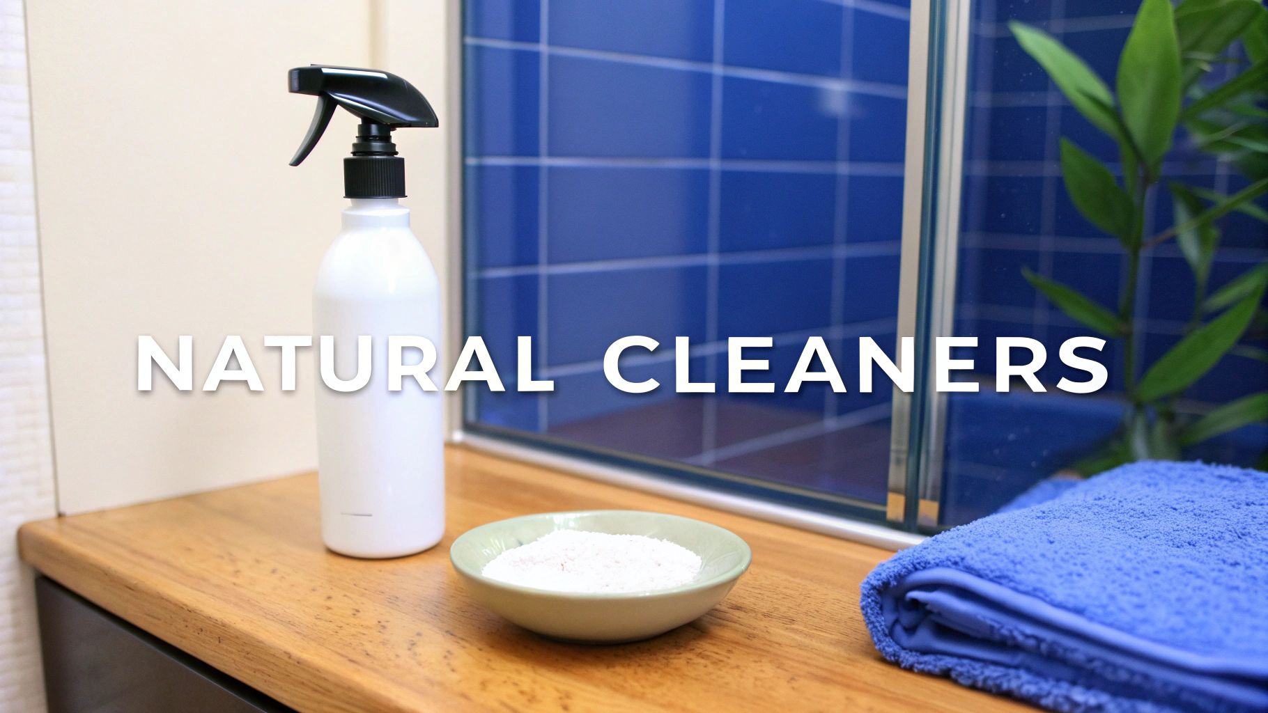 A white spray bottle, a bowl of white powder, and a blue towel on a wooden counter with 'NATURAL CLEANERS' text.