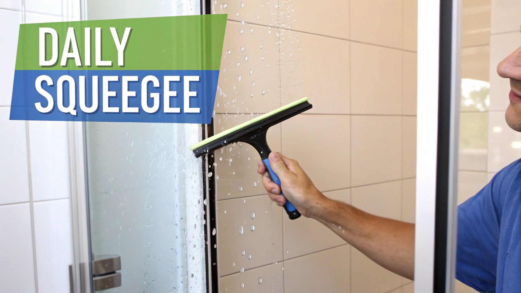 A man uses a squeegee to clean water droplets off a glass shower door.