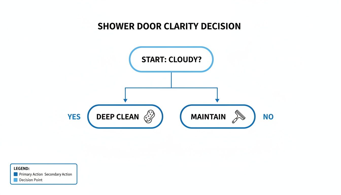 A flowchart titled 'Shower Door Clarity Decision' with steps for deep cleaning or maintaining.