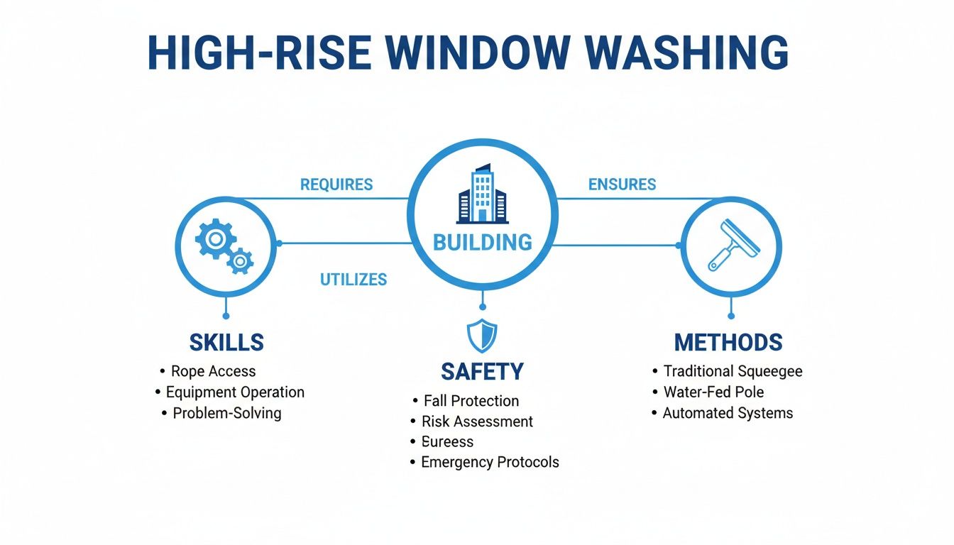 An infographic detailing high-rise window washing, covering required skills, safety measures, and cleaning methods.
