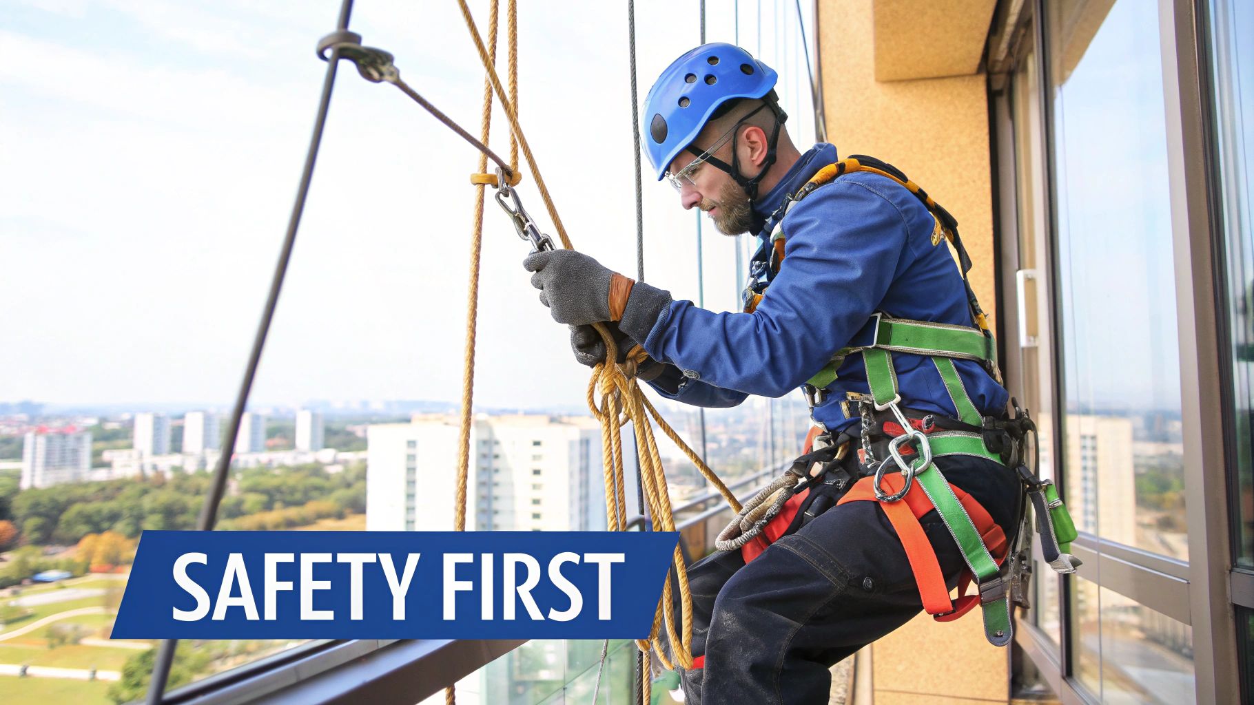 A professional window washer in a helmet, harness, and gloves handles ropes while suspended from a high-rise building.
