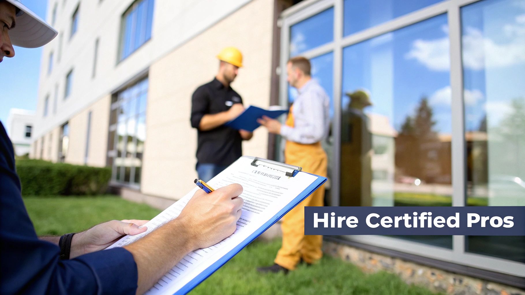 Professionals inspecting a commercial building, with one signing a clipboard and two discussing plans.