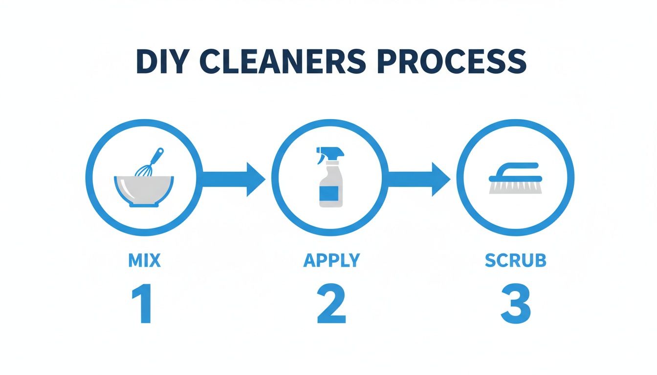A visual guide illustrating a three-step DIY cleaning process: Mix, Apply, and Scrub.