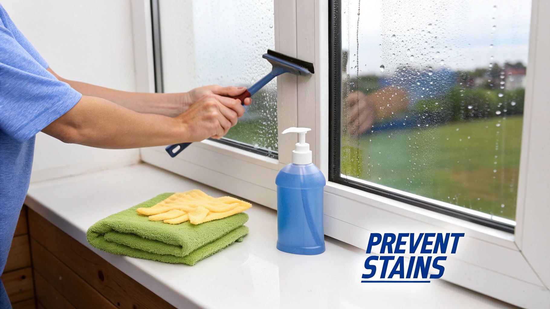 A person uses a blue squeegee to clean a window, with cleaning supplies on the sill.