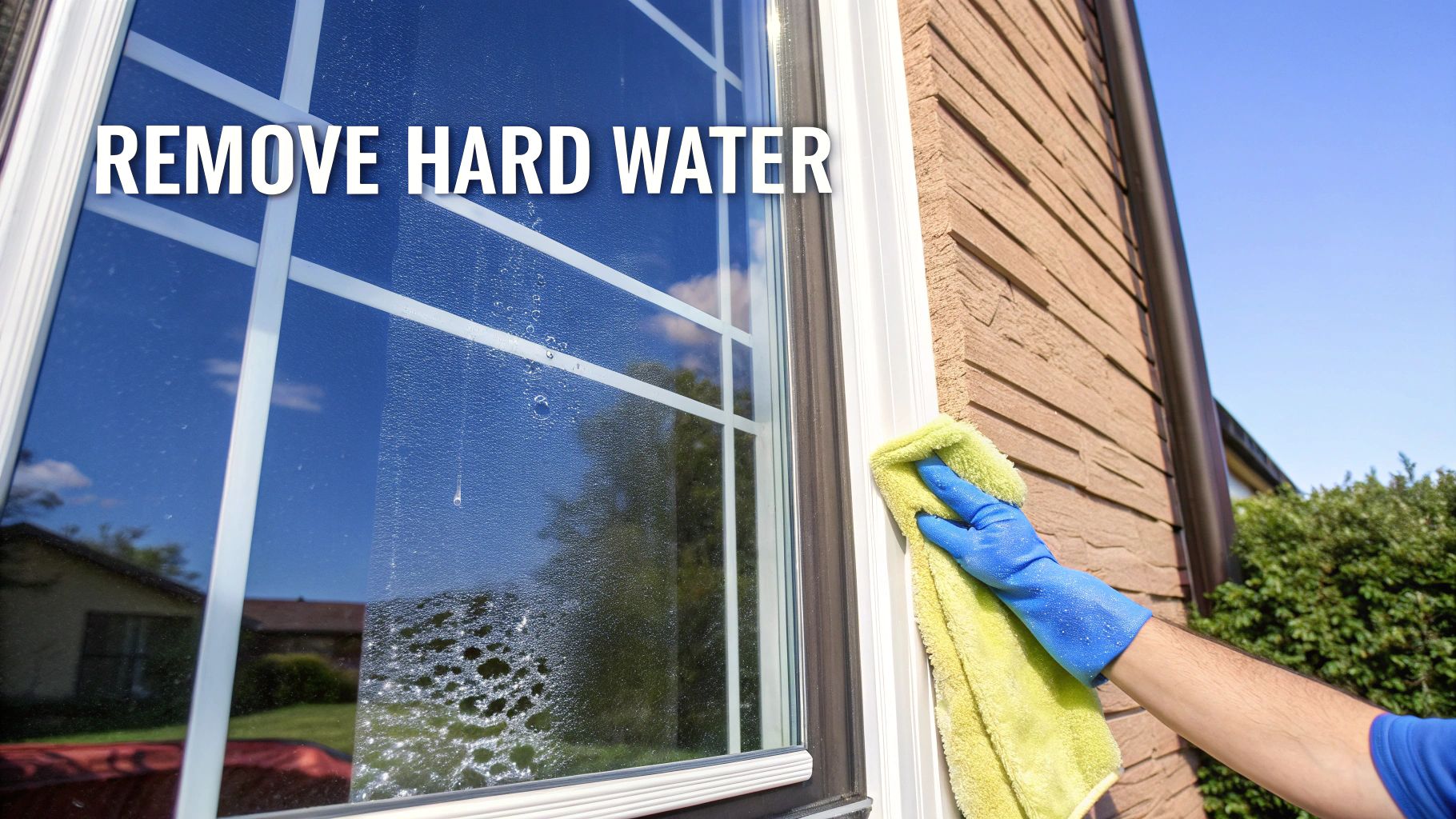 A person wearing blue gloves is cleaning hard water stains off a residential window with a green cloth.